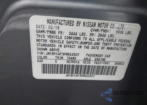 2015 Infiniti Q70 3.7 из США, поврежденный, VIN JN1BY1AP3FM542507
